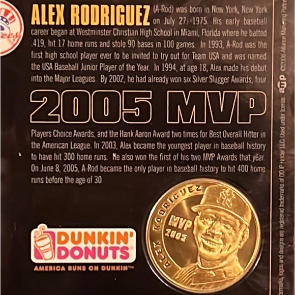 COPY - COPY - ALEX RODRIGUEZ 2005 MVP DUNKIN DONUTS LIMITED EDITION COIN SET ON - Picture 4 of 7
